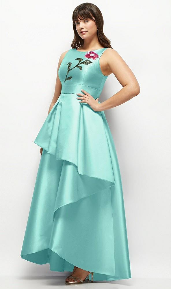 Front View - Coastal Beaded Floral Bodice Satin Maxi Dress with Layered Ballgown Skirt