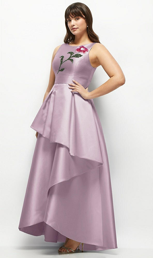 Front View - Suede Rose Beaded Floral Bodice Satin Maxi Dress with Layered Ballgown Skirt