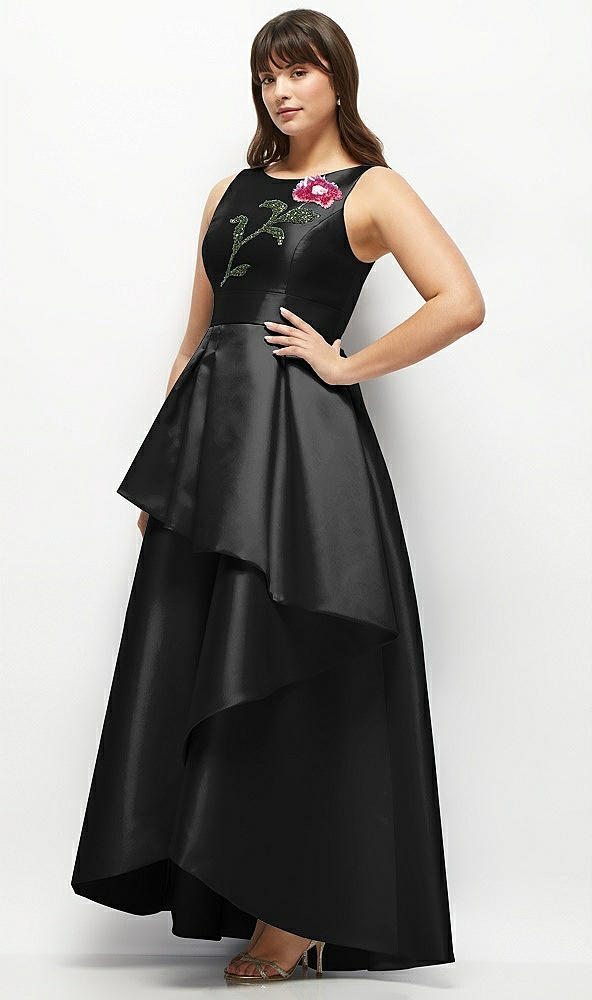 Front View - Black Beaded Floral Bodice Satin Maxi Dress with Layered Ballgown Skirt