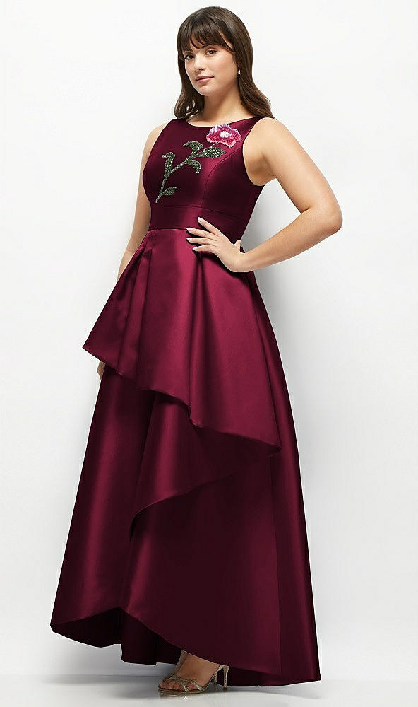 Front View - Cabernet Beaded Floral Bodice Satin Maxi Dress with Layered Ballgown Skirt