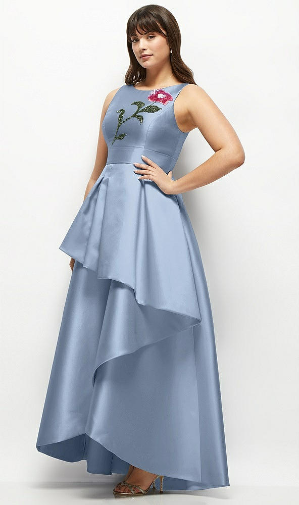 Front View - Cloudy Beaded Floral Bodice Satin Maxi Dress with Layered Ballgown Skirt