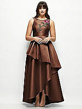 Side View Thumbnail - Cognac Beaded Floral Bodice Satin Maxi Dress with Layered Ballgown Skirt