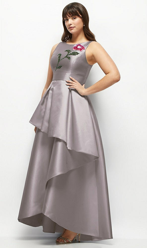 Front View - Cashmere Gray Beaded Floral Bodice Satin Maxi Dress with Layered Ballgown Skirt