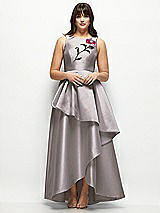 Side View Thumbnail - Cashmere Gray Beaded Floral Bodice Satin Maxi Dress with Layered Ballgown Skirt