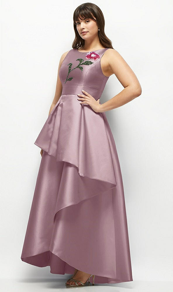 Front View - Dusty Rose Beaded Floral Bodice Satin Maxi Dress with Layered Ballgown Skirt