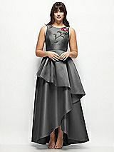 Side View Thumbnail - Gunmetal Beaded Floral Bodice Satin Maxi Dress with Layered Ballgown Skirt