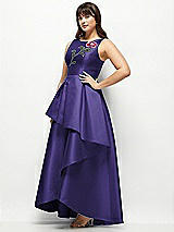 Front View Thumbnail - Grape Beaded Floral Bodice Satin Maxi Dress with Layered Ballgown Skirt