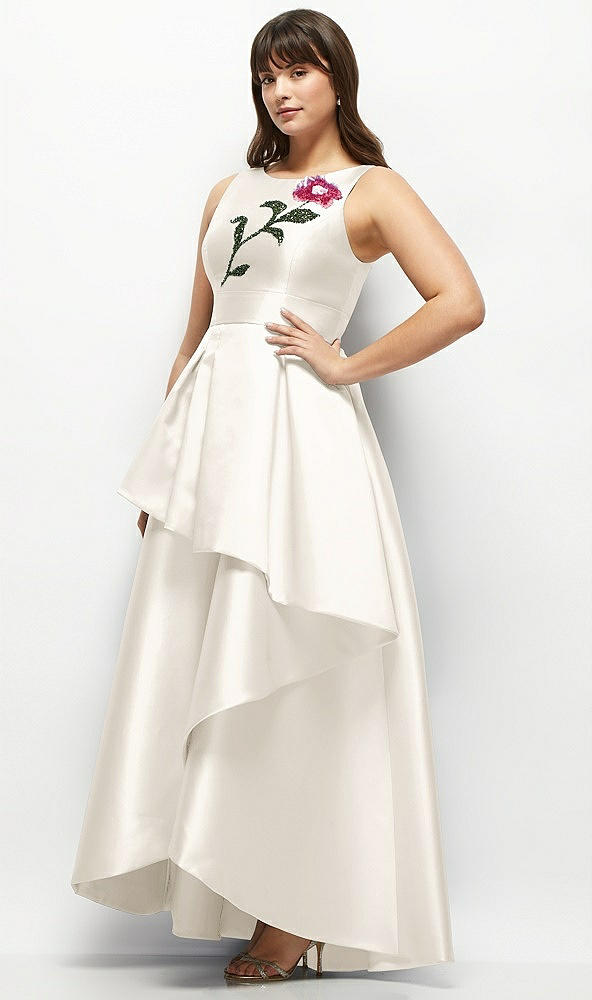 Front View - Ivory Beaded Floral Bodice Satin Maxi Dress with Layered Ballgown Skirt