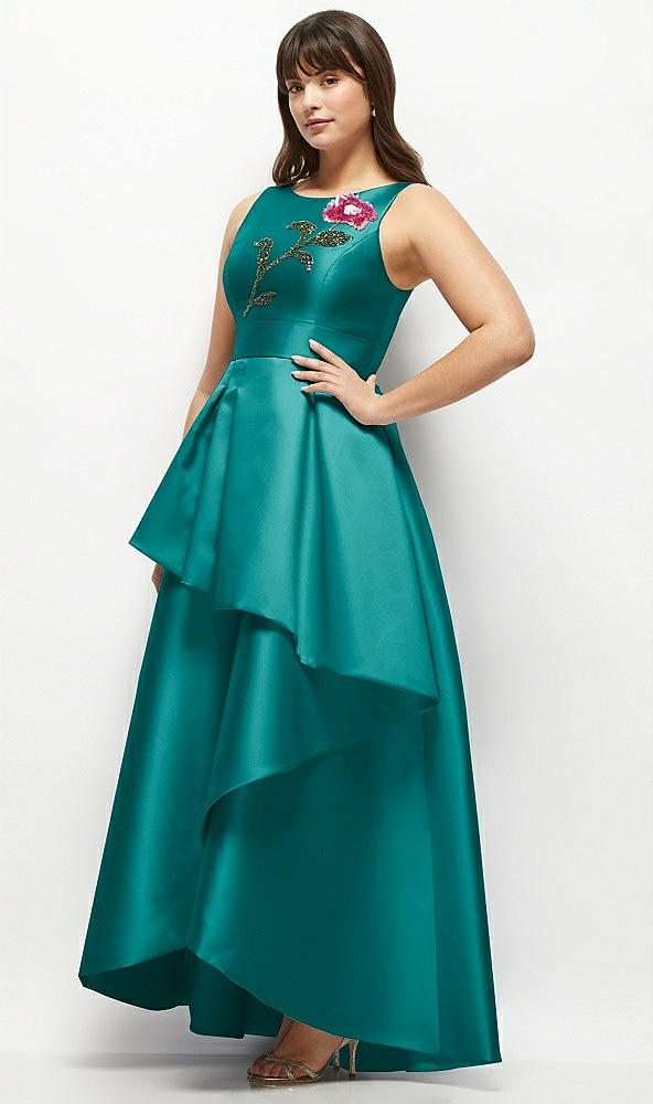 Front View - Jade Beaded Floral Bodice Satin Maxi Dress with Layered Ballgown Skirt