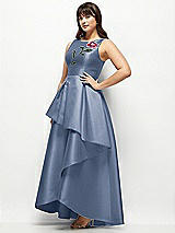 Front View Thumbnail - Larkspur Blue Beaded Floral Bodice Satin Maxi Dress with Layered Ballgown Skirt