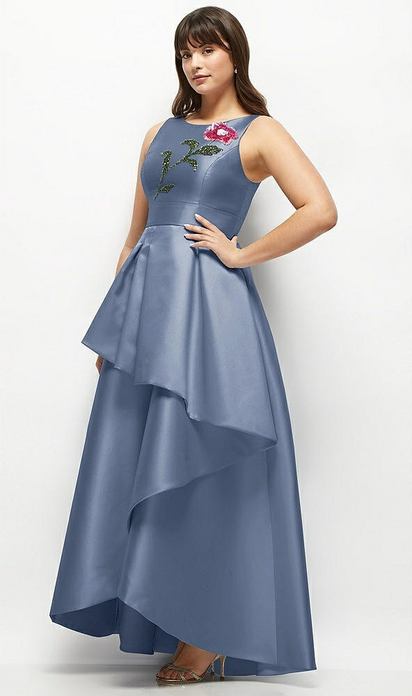 Front View - Larkspur Blue Beaded Floral Bodice Satin Maxi Dress with Layered Ballgown Skirt