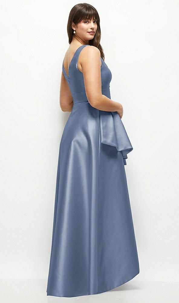 Back View - Larkspur Blue Beaded Floral Bodice Satin Maxi Dress with Layered Ballgown Skirt