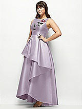 Front View Thumbnail - Lilac Haze Beaded Floral Bodice Satin Maxi Dress with Layered Ballgown Skirt