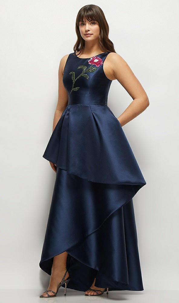 Front View - Midnight Navy Beaded Floral Bodice Satin Maxi Dress with Layered Ballgown Skirt