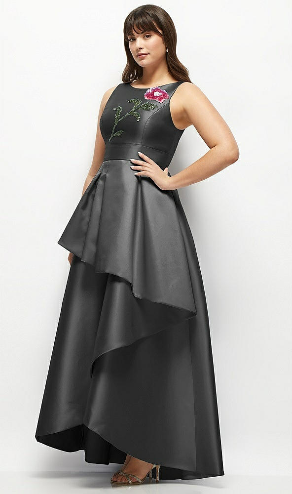 Front View - Pewter Beaded Floral Bodice Satin Maxi Dress with Layered Ballgown Skirt