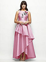 Side View Thumbnail - Powder Pink Beaded Floral Bodice Satin Maxi Dress with Layered Ballgown Skirt