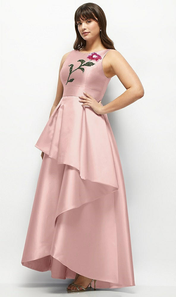 Front View - Rose - PANTONE Rose Quartz Beaded Floral Bodice Satin Maxi Dress with Layered Ballgown Skirt