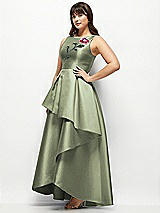 Front View Thumbnail - Sage Beaded Floral Bodice Satin Maxi Dress with Layered Ballgown Skirt