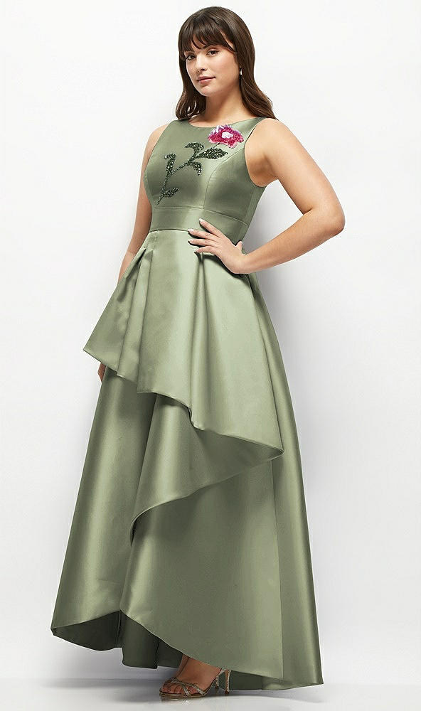 Front View - Sage Beaded Floral Bodice Satin Maxi Dress with Layered Ballgown Skirt