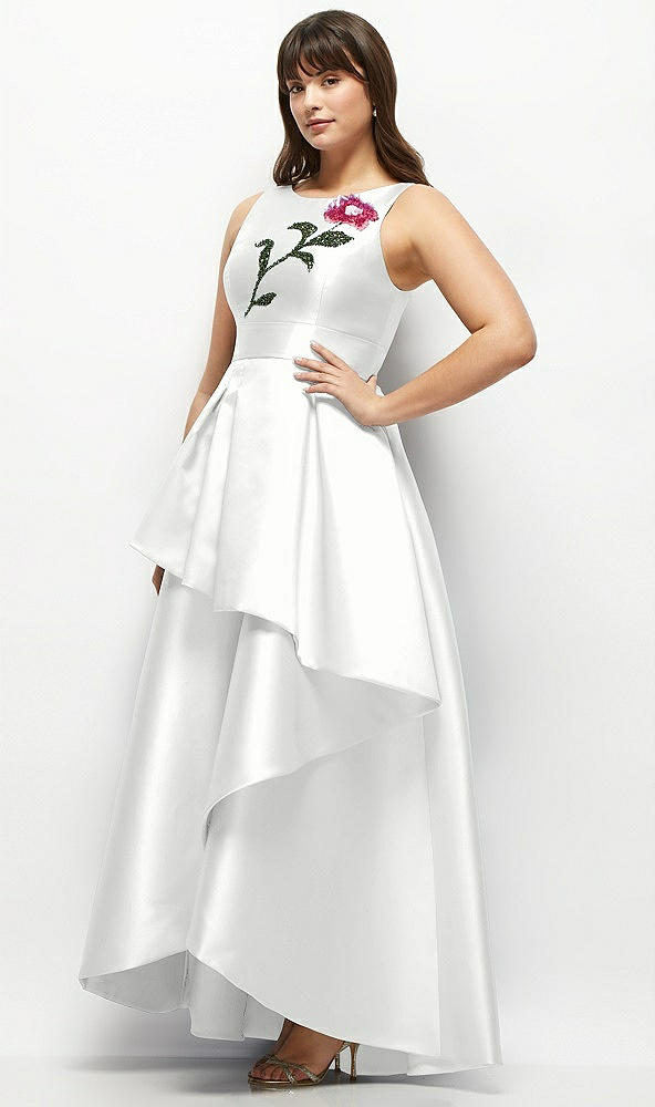 Front View - White Beaded Floral Bodice Satin Maxi Dress with Layered Ballgown Skirt