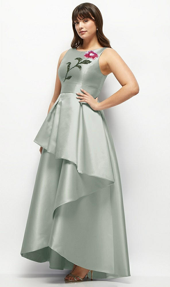 Front View - Willow Green Beaded Floral Bodice Satin Maxi Dress with Layered Ballgown Skirt