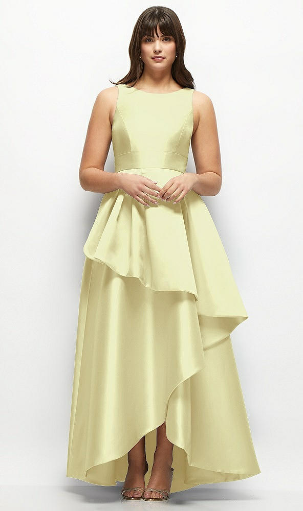 Front View - Butter Yellow Satin Maxi Dress with Asymmetrical Layered Ballgown Skirt