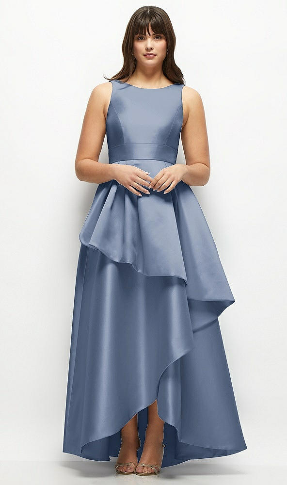 Front View - Larkspur Blue Satin Maxi Dress with Asymmetrical Layered Ballgown Skirt