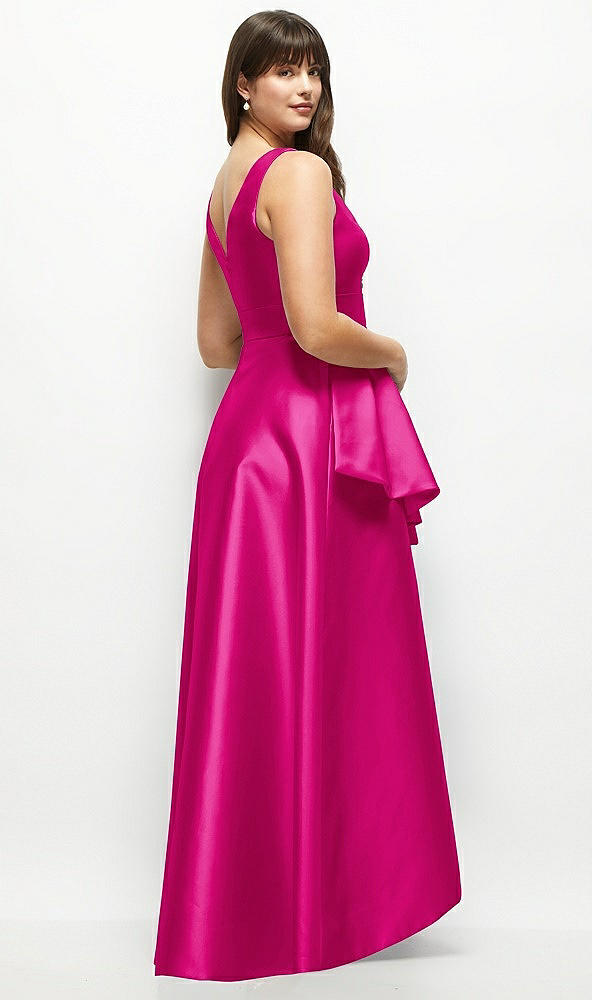 Back View - Think Pink Satin Maxi Dress with Asymmetrical Layered Ballgown Skirt