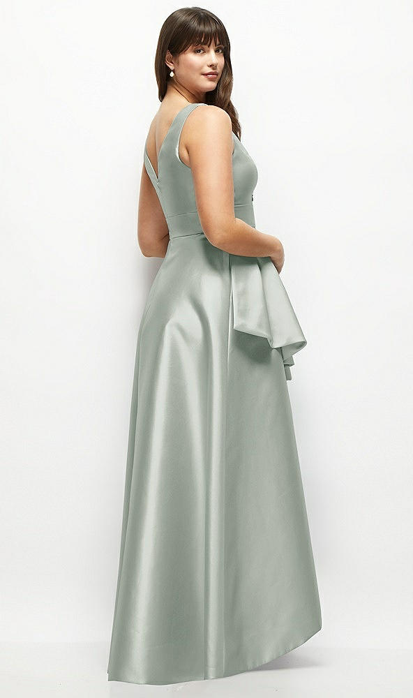 Back View - Willow Green Satin Maxi Dress with Asymmetrical Layered Ballgown Skirt