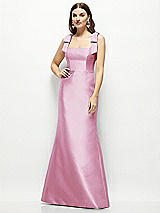 Front View Thumbnail - Powder Pink Satin Fit and Flare Maxi Dress with Shoulder Bows