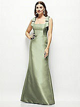 Front View Thumbnail - Sage Satin Fit and Flare Maxi Dress with Shoulder Bows