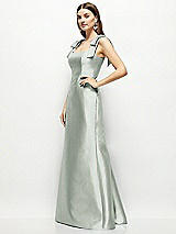 Side View Thumbnail - Willow Green Satin Fit and Flare Maxi Dress with Shoulder Bows