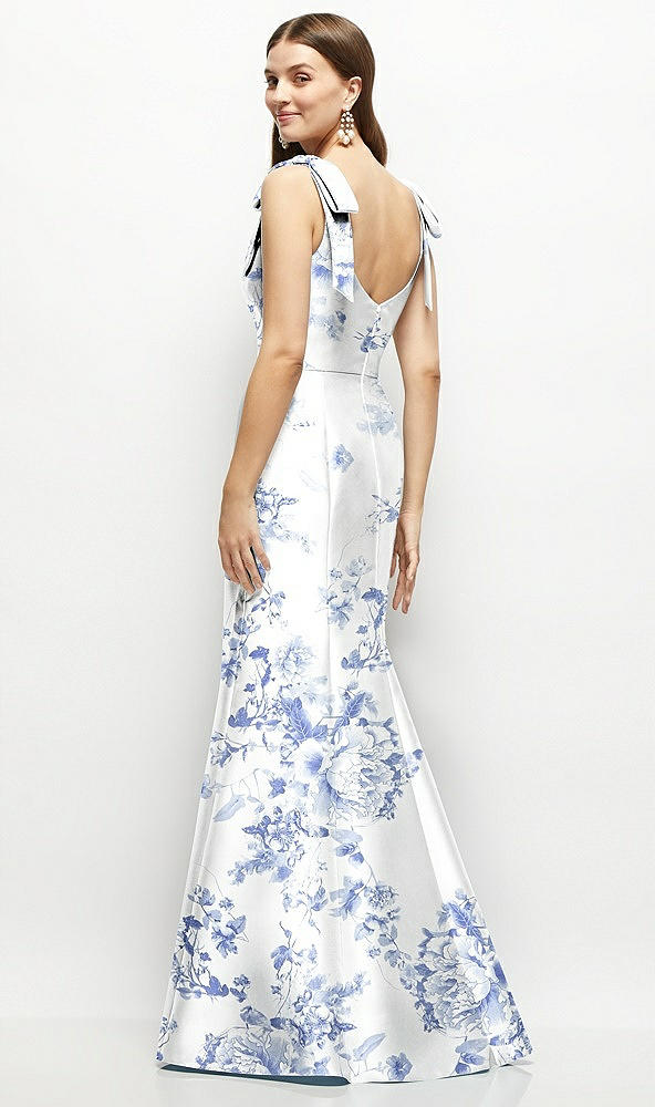 Back View - Cottage Rose Larkspur Floral Satin Fit and Flare Maxi Dress with Shoulder Bows