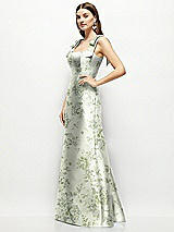 Side View Thumbnail - Sage Cottage Rose Floral Satin Fit and Flare Maxi Dress with Shoulder Bows