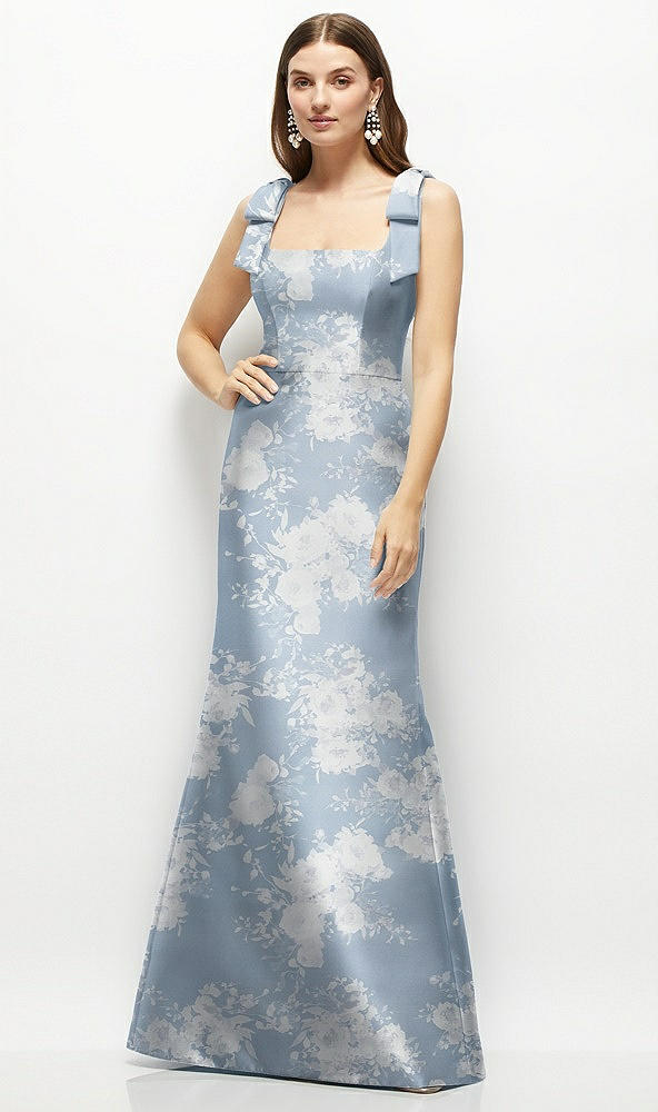 Front View - Porcelain Blue Seraphina Floral Floral Satin Fit and Flare Maxi Dress with Shoulder Bows