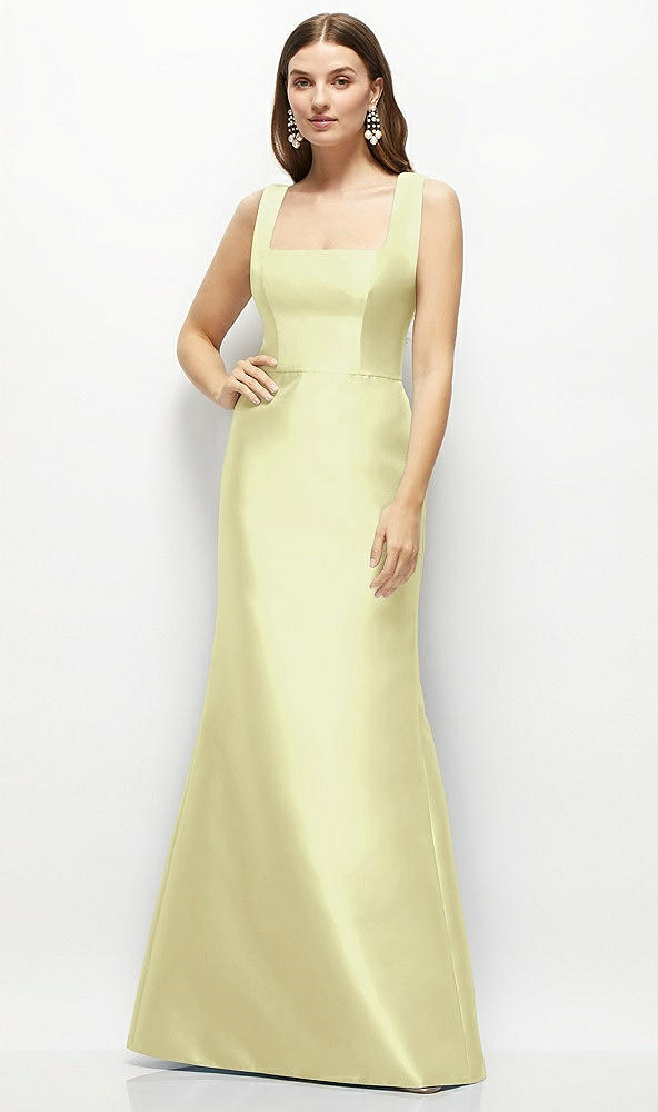 Front View - Butter Yellow Satin Square Neck Fit and Flare Maxi Dress