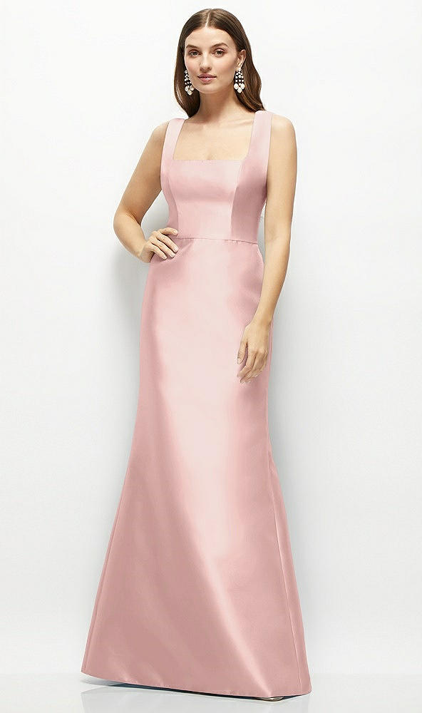 Front View - Rose - PANTONE Rose Quartz Satin Square Neck Fit and Flare Maxi Dress