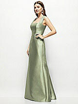 Side View Thumbnail - Sage Satin Square Neck Fit and Flare Maxi Dress