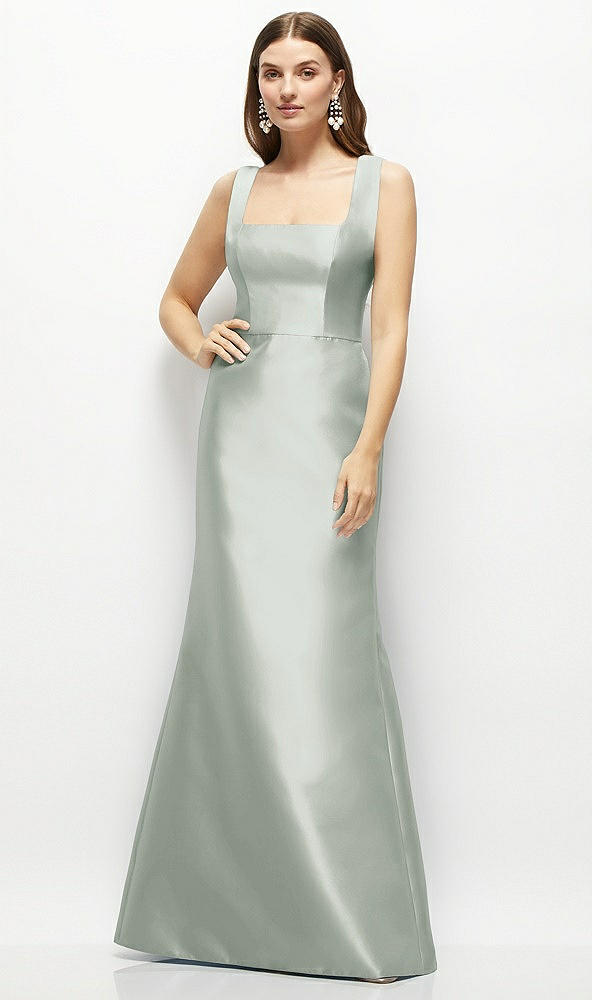 Front View - Willow Green Satin Square Neck Fit and Flare Maxi Dress