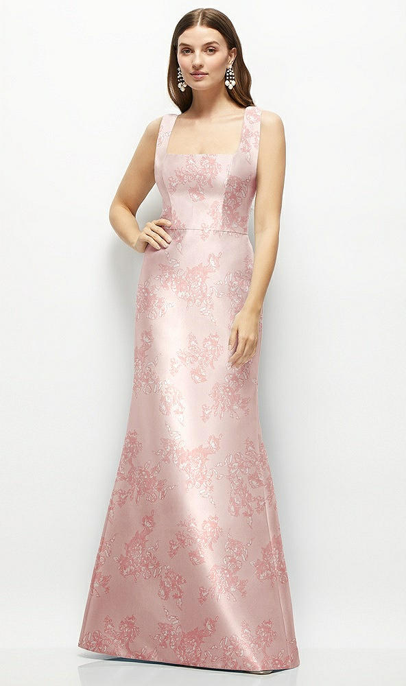 Front View - Bow And Blossom Print Floral Satin Square Neck Fit and Flare Maxi Dress