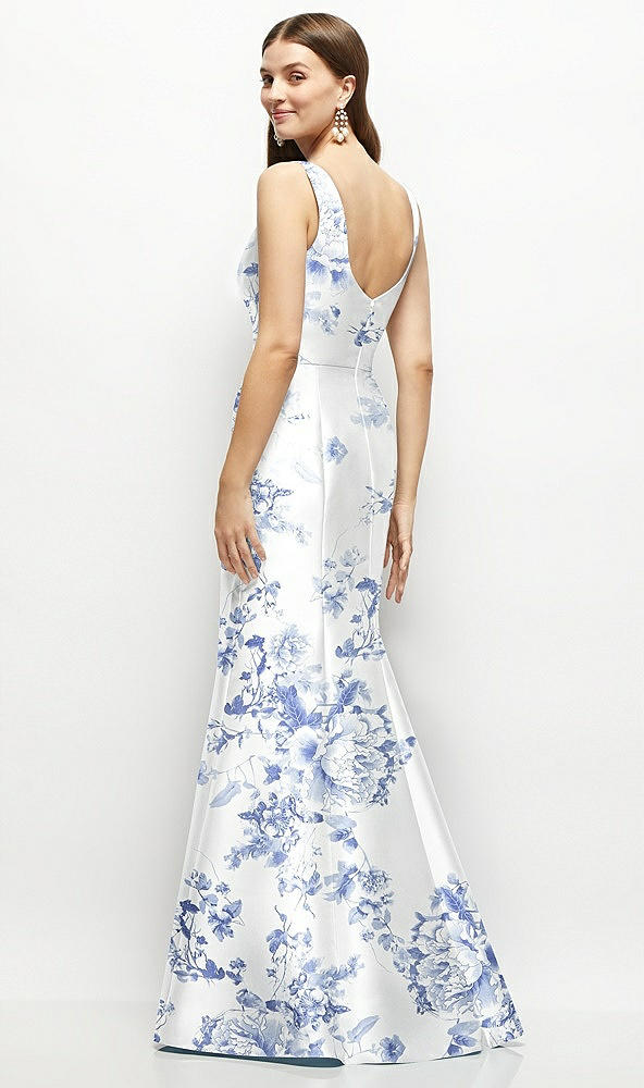 Back View - Cottage Rose Larkspur Floral Satin Square Neck Fit and Flare Maxi Dress