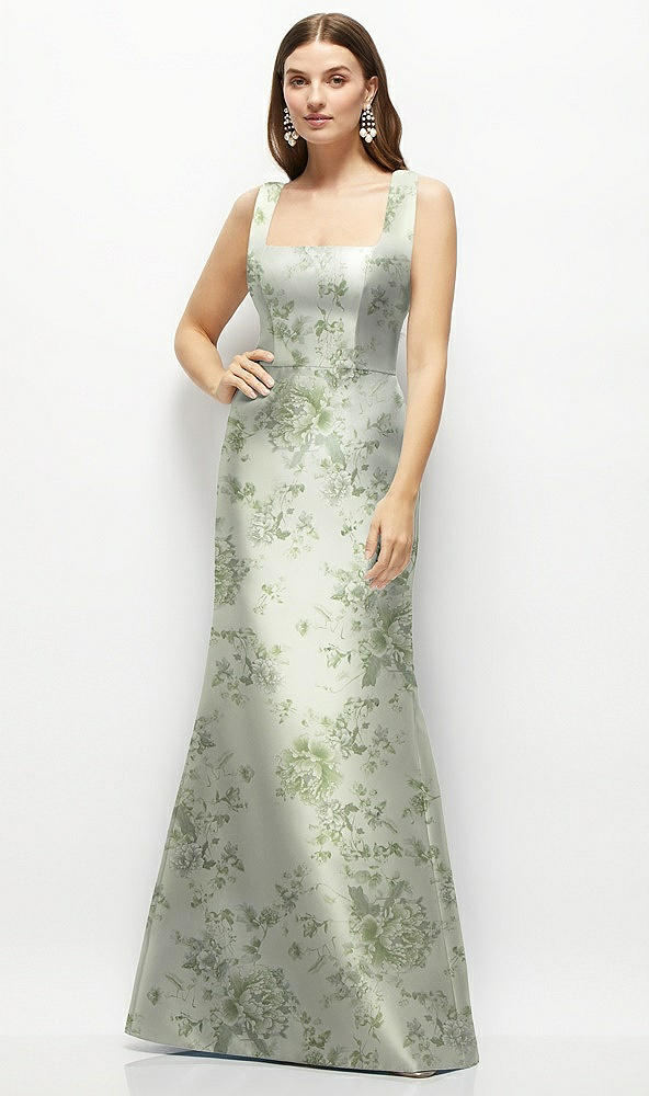 Front View - Sage Cottage Rose Floral Satin Square Neck Fit and Flare Maxi Dress