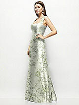 Side View Thumbnail - Sage Cottage Rose Floral Satin Square Neck Fit and Flare Maxi Dress