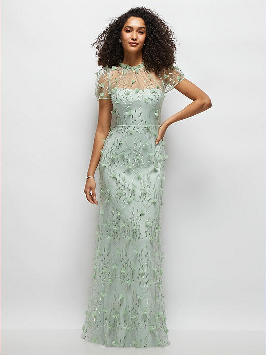 3D Floral Embroidered Puff Sleeve A-line Maxi Dress with Petal-Adorned Illusion Neckline