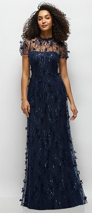 3D Floral Embroidered Puff Sleeve A-line Maxi Dress with Petal-Adorned Illusion Neckline