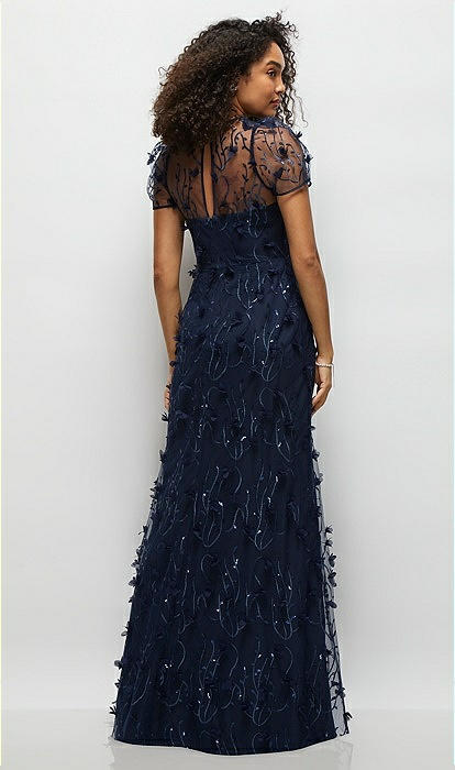 3d Floral Embroidered Puff Sleeve A line Maxi Bridesmaid Dress With Petal adorned Illusion Neckline In Midnight Navy The Dessy Group