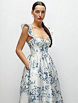 Alt View 1 Thumbnail - Cottage Rose Larkspur Floral Satin Corset Maxi Dress with Ruffle Straps & Skirt