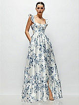 Front View Thumbnail - Cottage Rose Larkspur Floral Satin Corset Maxi Dress with Ruffle Straps & Skirt