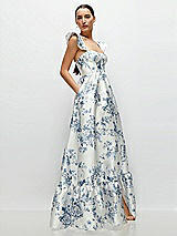 Side View Thumbnail - Cottage Rose Larkspur Floral Satin Corset Maxi Dress with Ruffle Straps & Skirt