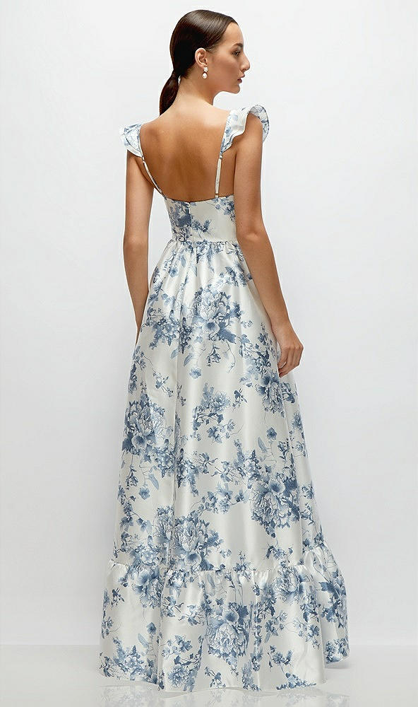 Back View - Cottage Rose Larkspur Floral Satin Corset Maxi Dress with Ruffle Straps & Skirt